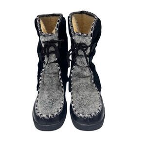 Vtg. Snowland Boots Women's Sz 10 Black Gray Suede Leather Faux Fur Sherpa Lined